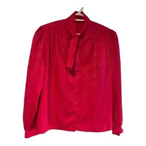 Vintage 80s Hot Pink Barbiecore Bow Tie Blouse St Michael UK Puff Shoulder Sz 14